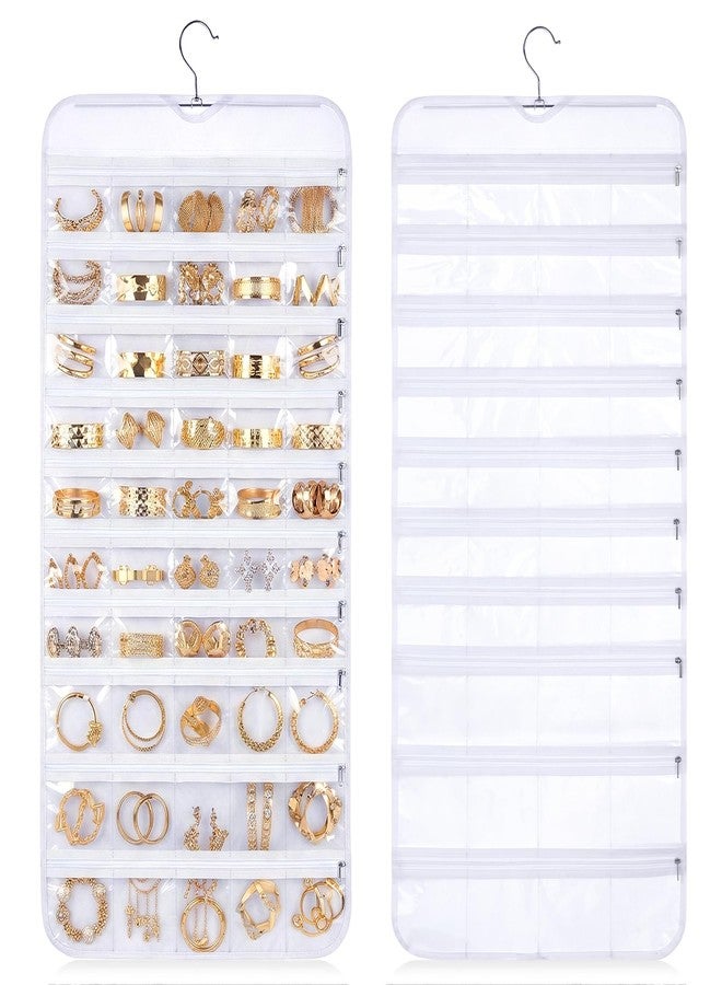 Xosjska 2 Pack Hanging Jewelry Organizer 80 Zippered Pockets 80-Pocket Dual-sided Jewelry Storage for Necklace Bracelet Earring RingsTravel Holder - White - Image 2
