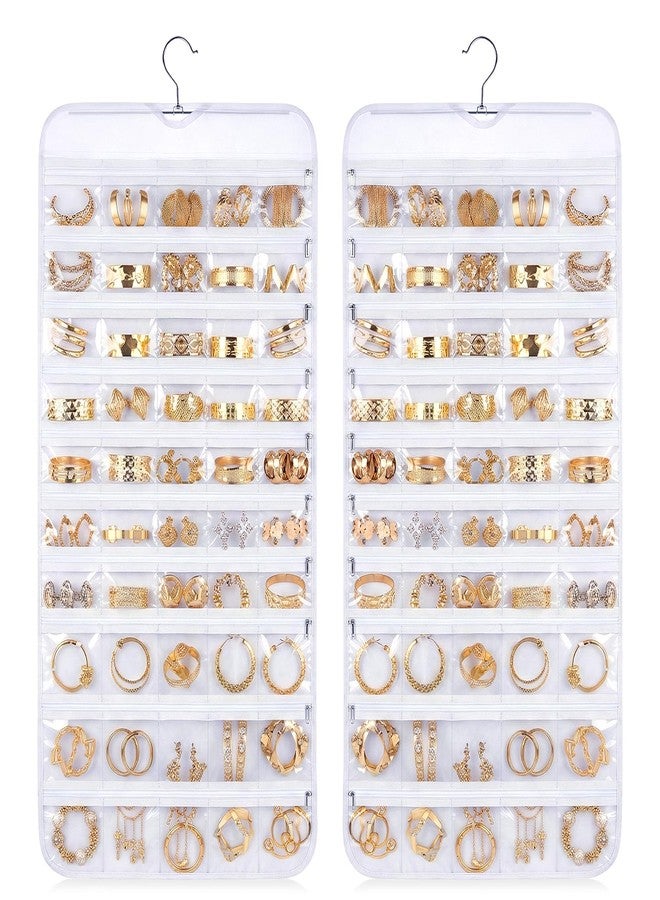 Xosjska 2 Pack Hanging Jewelry Organizer 80 Zippered Pockets 80-Pocket Dual-sided Jewelry Storage for Necklace Bracelet Earring RingsTravel Holder - White - Image 1