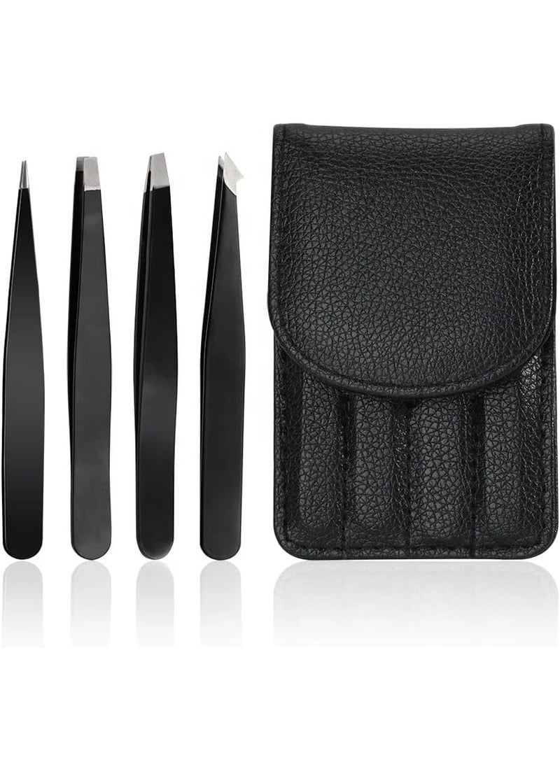 Generic Tweezers Set with Travel Case for Ingrown Hair  Professional Stainless Steel Tweezers for Eyebrows  Best Precision for Facial Hair for Women  Men Splinter 4Piece Set Hair Removal Black 