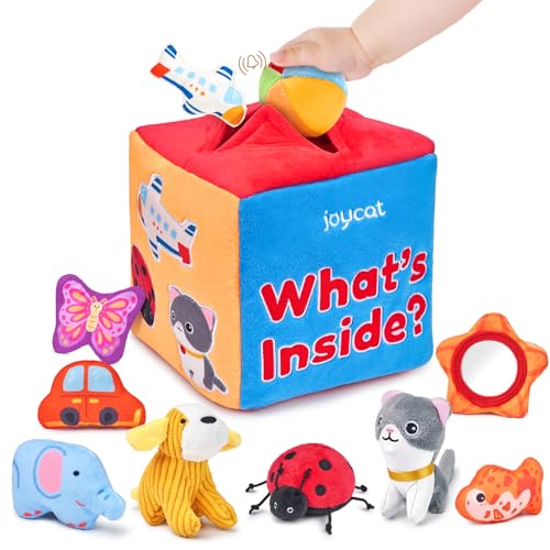JoyCat Baby Toys 612 Months Mystery Soft Box with 10 Sensory Objects Rattle Crinkle Paper Mirror Whats Inside Box Infant Gifts Soft Busy Toys 12 Baby Easter Basket Stuffers Gifts - Image 1