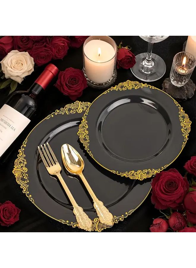 50 قطعة مجموعة أدوات مائدة بلاستيكية باللون الأسود والذهبي، شوك وسكاكين ومعلقات وأطباق، لتزيين الحفلات - Image 5