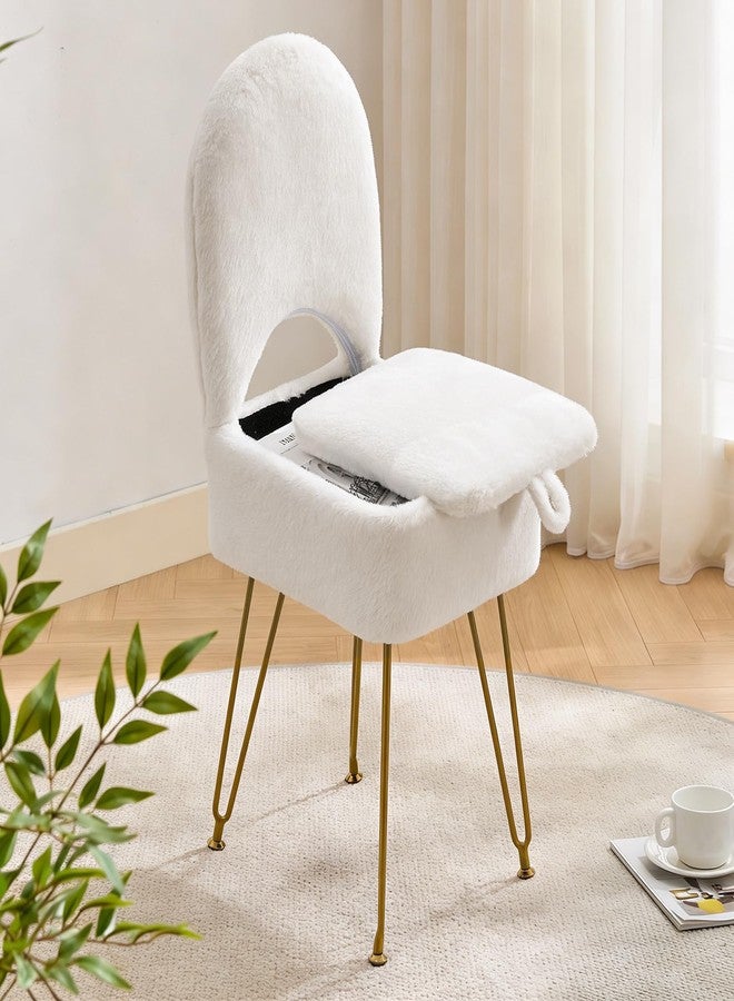 Gitrah White Vanity Chair with Storage, Folding Back Faux Fur Vanity Stool, Makeup Ottoman with Gold Legs for Bedroom/Bathroom - Image 1