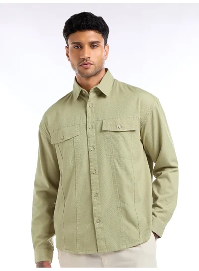 Beyoung Beige Contrast Stitch Jacket Shirt for Men