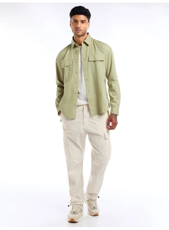 Beyoung Beige Contrast Stitch Jacket Shirt for Men