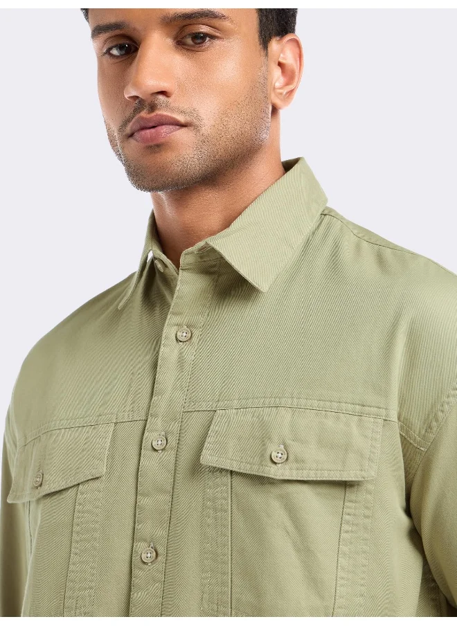 Beyoung Beige Contrast Stitch Jacket Shirt for Men
