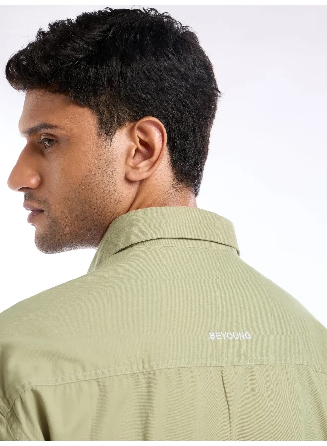 Beyoung Beige Contrast Stitch Jacket Shirt for Men