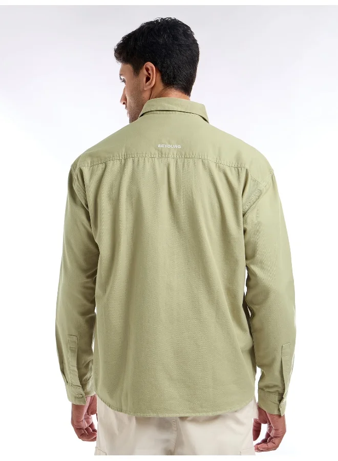 Beyoung Beige Contrast Stitch Jacket Shirt for Men