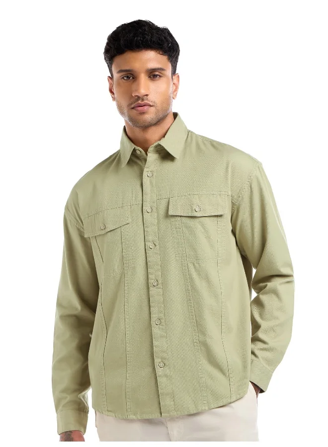 Beyoung Beige Contrast Stitch Jacket Shirt for Men