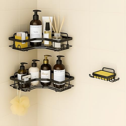 JIALTO Wall-Mounted Bathroom Organizer 3 in 1 Set | Corner Shelf with Soap Holder No-Drill Adhesive Bathroom Rack Set for Bathroom, Kitchen (Black) - Image 1