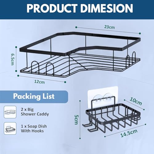 JIALTO Wall-Mounted Bathroom Organizer 3 in 1 Set | Corner Shelf with Soap Holder No-Drill Adhesive Bathroom Rack Set for Bathroom, Kitchen (Black) - Image 2