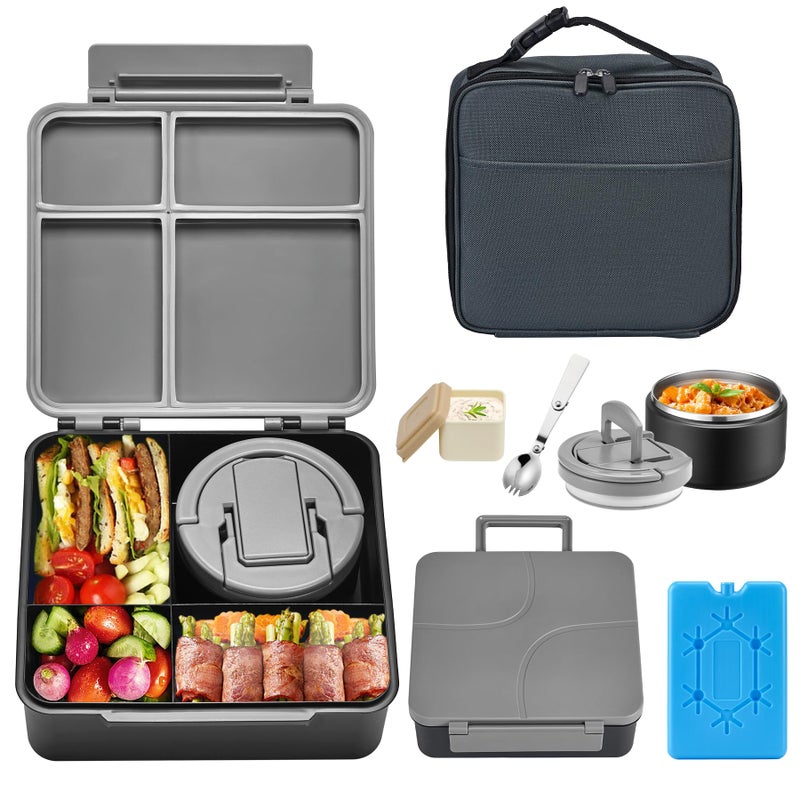 Bento Lunch Box with 8oz Soup ThermoKids Leakproof 4 Compartment Lunch Food Containers with Sauce Cup and Ice PackKids Thermo Insulated Hot Food Jar and Lunch Bag for SchoolTrvaelBlack