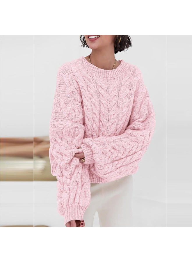 Women's Autumn And Winter Thick-knit Cable Round-neck Long-sleeve over Sweater, Loose And Lazy Style Knitwear