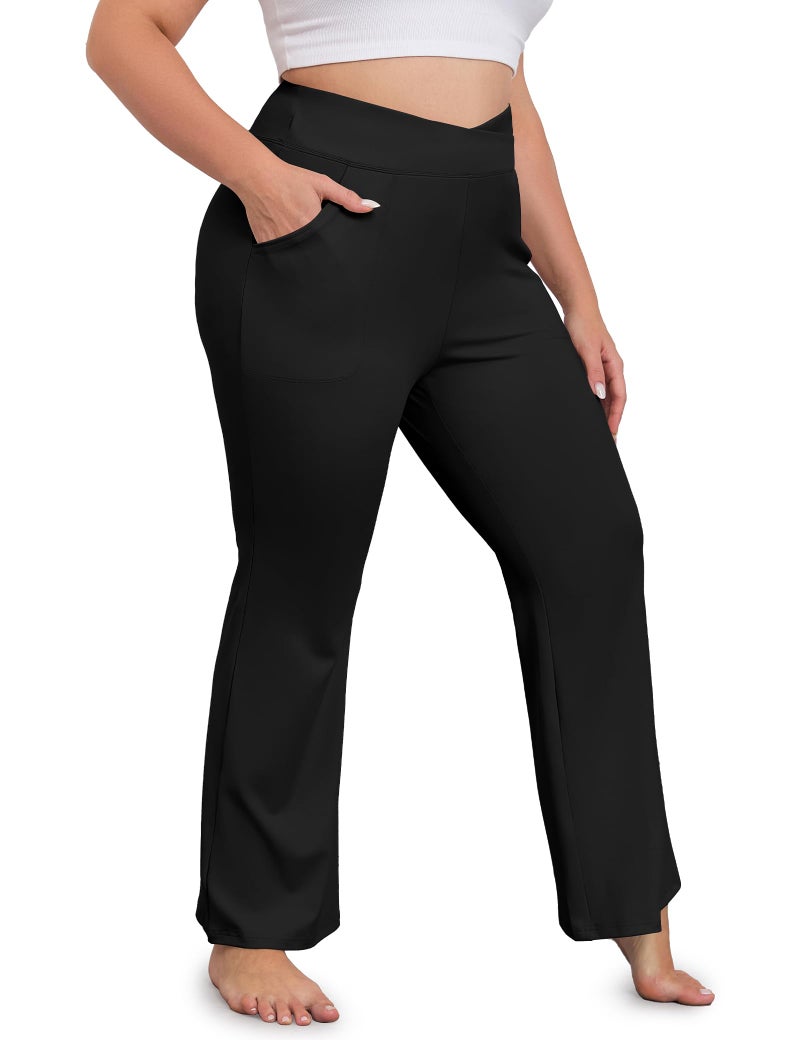 FOREYOND Plus Size Flare Leggings for Women with Pockets Bell Bottom Yoga Pants High Waisted Boot Cut Workout Gym Casual Black - Image 1