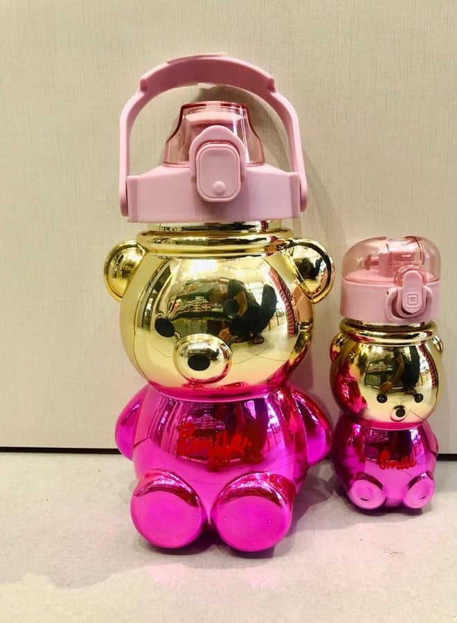 Kawaii Bear Water Bottles With Straw and Strap,Colorful Water Bottles Portable Leakproof BPA-free Drinking Cups for Kids Girls Women Sports Camping Picnic Hiking Travel (2PCS)