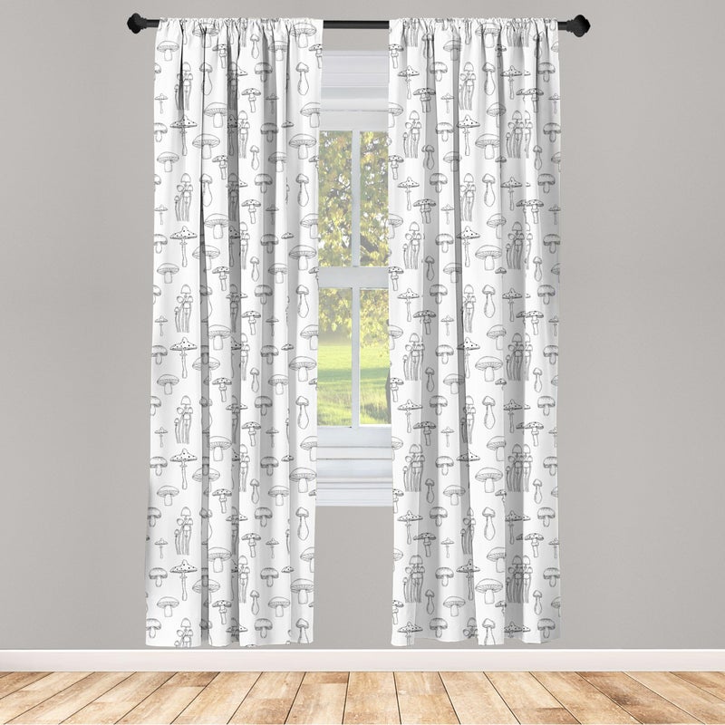 Ambesonne Mushroom Window Curtains  Pattern with Different Mushrooms Doodle Style Monochrome Display Garden Print  Lightweight Decor 2-Panel Set with Rod Pocket  Pair of - 28"" x 95""  White and Black - Image 2