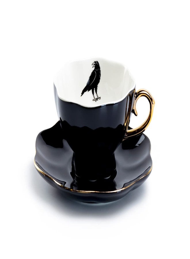 Grace Teaware Raven Black Fine Porcelain Tea Cup and Saucer with Hand Painted Gold Trim Crow,Black White and Gold - Image 1