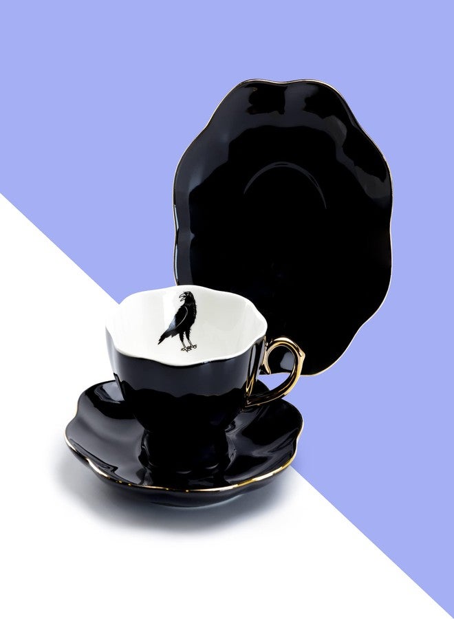 Grace Teaware Raven Black Fine Porcelain Tea Cup and Saucer with Hand Painted Gold Trim Crow,Black White and Gold - Image 2