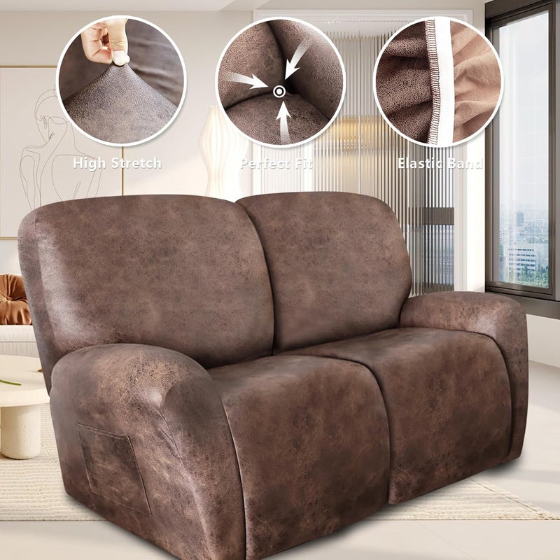 ANARACHON غطاء أريكة استرخاء مزدوجة ANARACHON بمظهر الجلد، أغطية أريكة استرخاء مزدوجة، غطاء أريكة استرخاء لمقعدين، قماش سباندكس قابل للغسل، 6 قطع (مقعدان، بني فاتح 02) - Image 5
