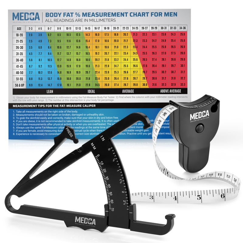 MEDca Body Fat Caliper and Measuring Tape for Body - Skinfold Calipers and Body Fat Tape Measure Tool for Accurately Measuring BMI Skin Fold Fitness and Weight-Loss, (Black) - Image 1