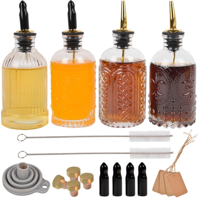 ChezMax Syrup Dispenser Bottles Set of 4 Simple Syrup Bottle for Coffee Bar Accessories 7 oz Glass Coffee Syrup Dispenser Syrup Containers for Maple Honey Syrup Oil with Metal Pour Spouts  Labels