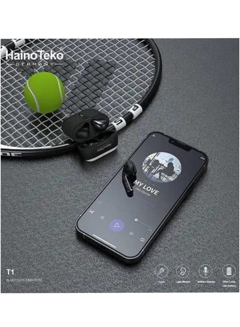 Haino Teko Germany T1 Wireless Earbuds With Wireless Charging Case + Battery Size 300 mAh In Black Colour - Image 1