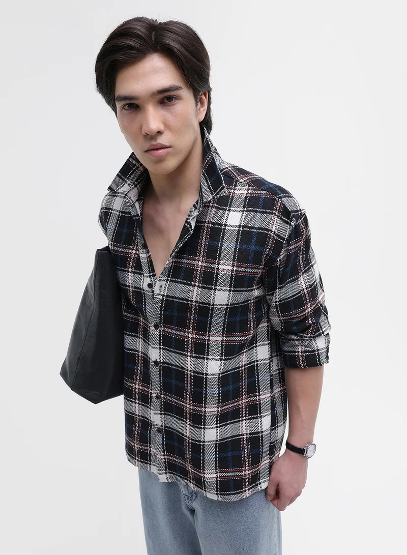 Men's Navy-Check Checkered Regular Shirt For Casual Wear | Collared Neck | Long Sleeve | Button Closure | Cotton Blend Shirt Crafted With Comfort Fit For Everyday Wear