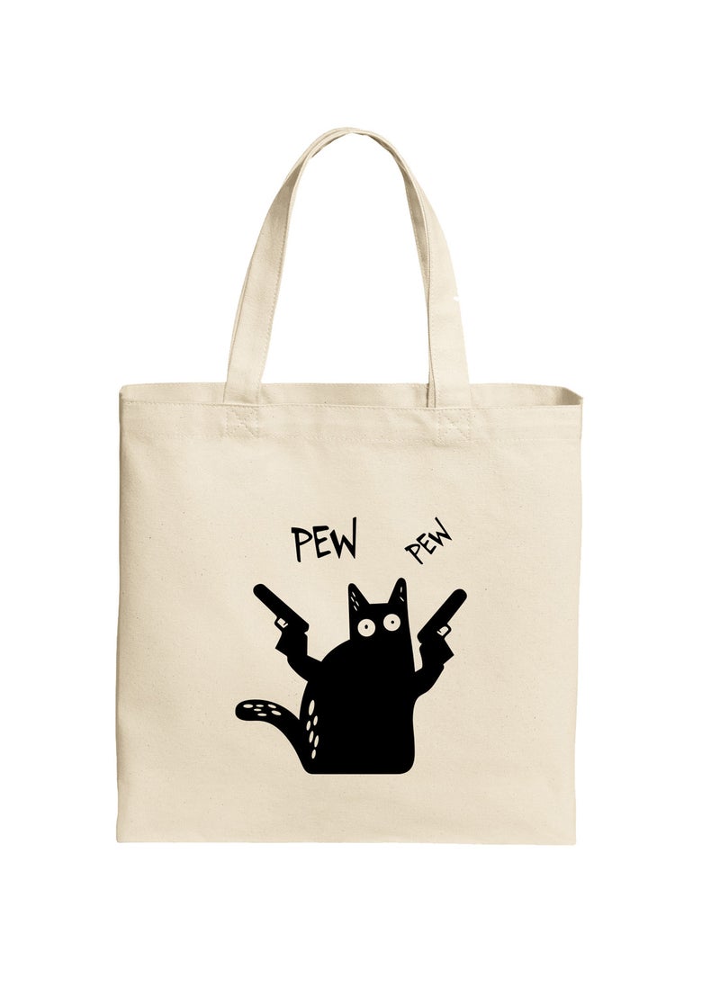 Spoil Your Wall Cat Pew Pew Print Design Tote Bag, Natural Shopping Bag, 38x42cm Reusable Jute Bag by Spoil Your Wall  - Image 1