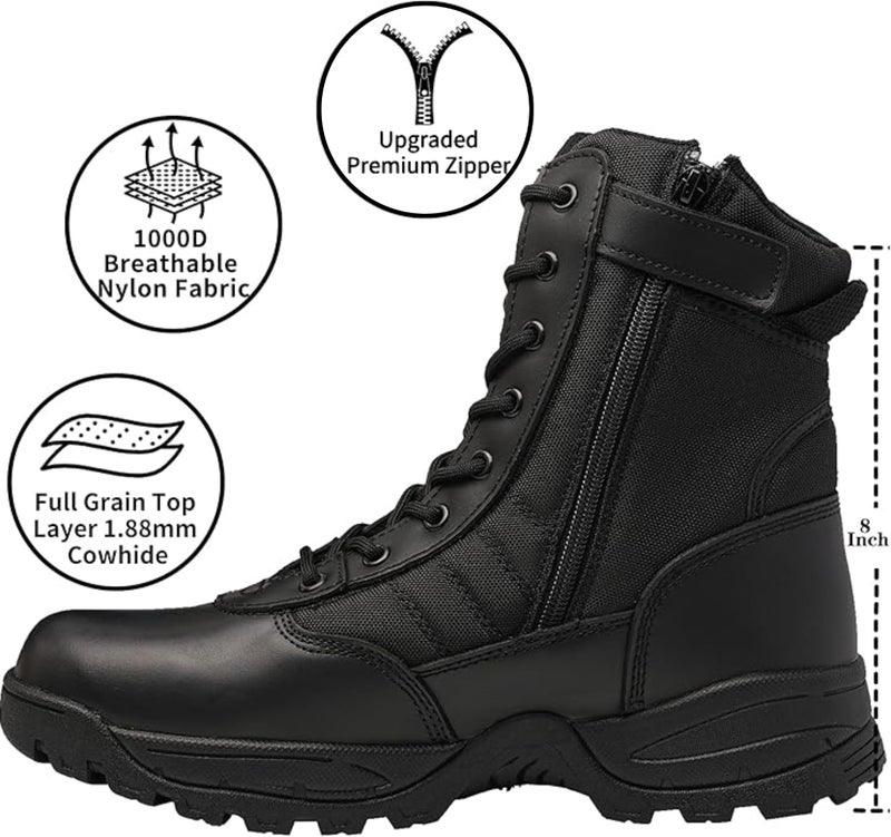 WIDEWAY Men's Tactical Military Work Boots Black Waterproof Leather Motorcycle Combat Army Boot w/Side Zipper slip resistant and All Day Comfortable (6-8inch) - Image 2
