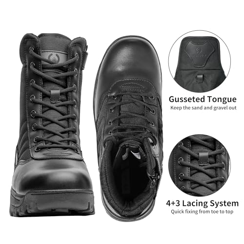 WIDEWAY Men's Tactical Military Work Boots Black Waterproof Leather Motorcycle Combat Army Boot w/Side Zipper slip resistant and All Day Comfortable (6-8inch) - Image 4