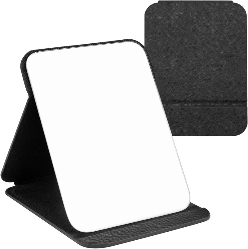 HYRAINBOW Portable Folding Mirror, 16x11cm Super HD Compact Makeup Mirror, Black PU Leather Travel Mirror, Small Mirror Free Standing Vanity, Tabletop Foldable - Image 1