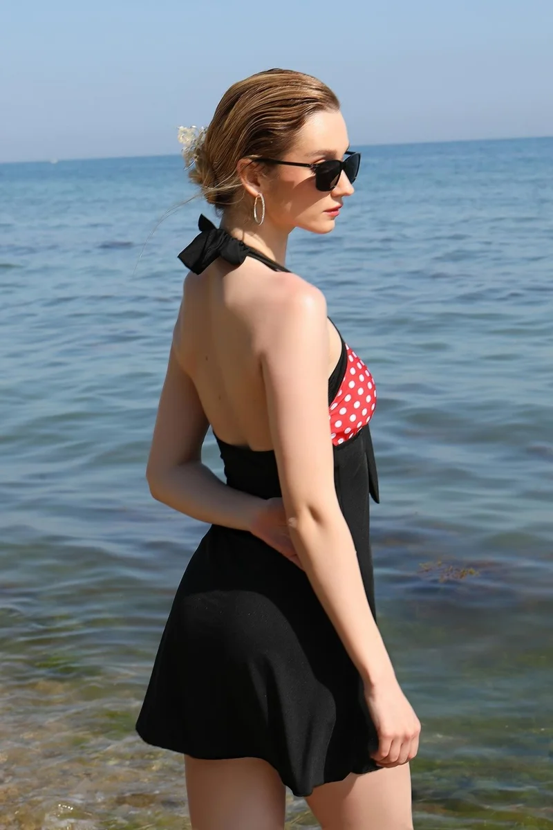 Akbeniz Women's Lycra Shorts Bow Dress Swimsuit Red 37021