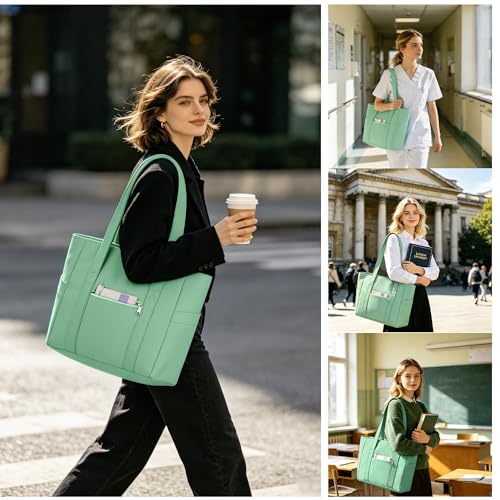 CTWWFS Large Tote Bag for Women, Nylon Lightweight Tote Bag with Zipper, Work Tote with 15.6" Laptop Sleeve, Nurse Teacher Bag for Work & College (Green) - Image 2