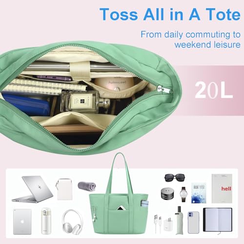 CTWWFS Large Tote Bag for Women, Nylon Lightweight Tote Bag with Zipper, Work Tote with 15.6" Laptop Sleeve, Nurse Teacher Bag for Work & College (Green) - Image 4