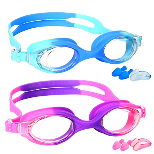 EWPJDK Kids Swim Goggles - 2 Pack Swimming Goggles Anti Fog Anti-UV No Leaking For Children Teens Boys & Girls Age 3-15 (Purple & Blue) - Image 1