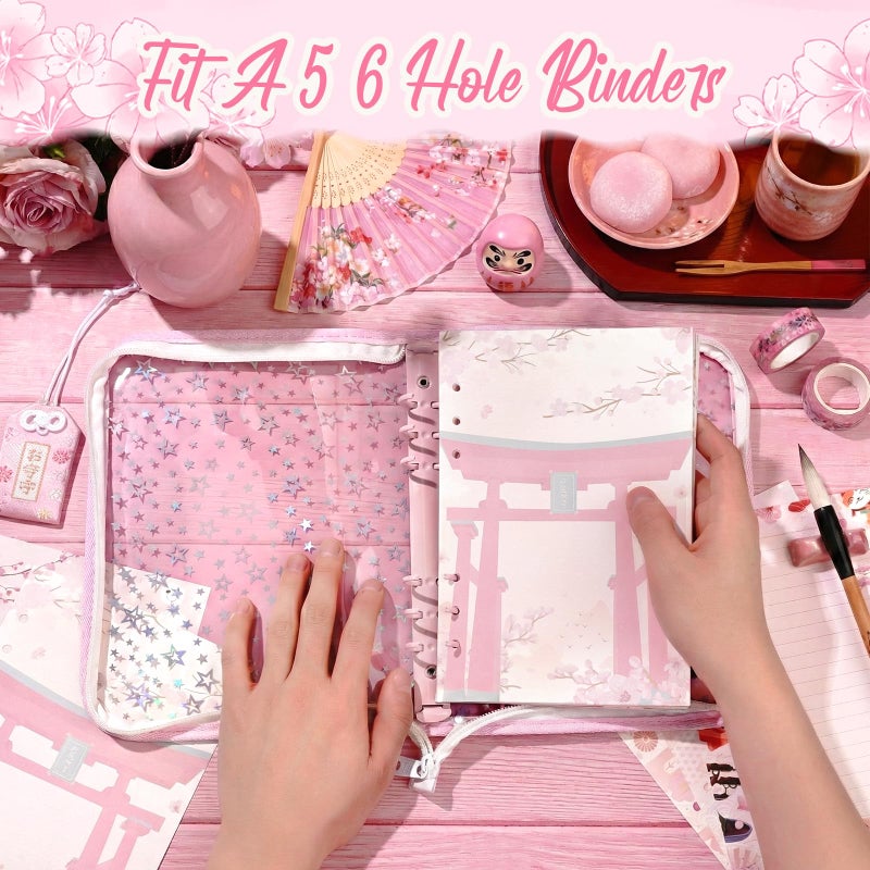Pineraap 100 Sheets Japanese A5 Planner Inserts - 120GSM Thick Cherry Blossom Refill Paper for A5 6-Ring Binder, Sushi Cranes Fans Temples 6 Hole Loose Leaf Sheets for Journal Diary Notebook Budget Planning - Image 3