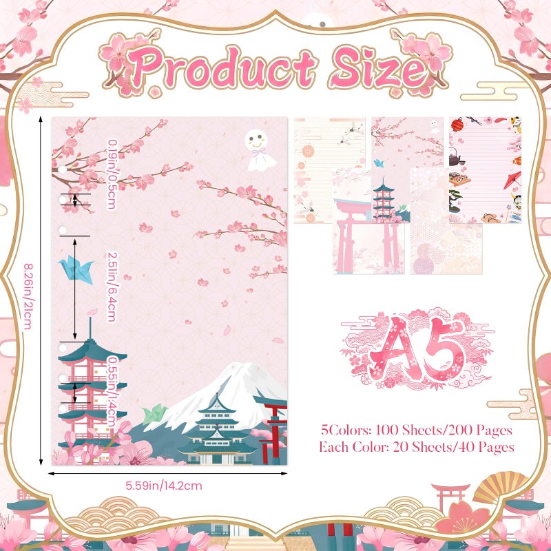 Pineraap 100 Sheets Japanese A5 Planner Inserts - 120GSM Thick Cherry Blossom Refill Paper for A5 6-Ring Binder, Sushi Cranes Fans Temples 6 Hole Loose Leaf Sheets for Journal Diary Notebook Budget Planning - Image 2