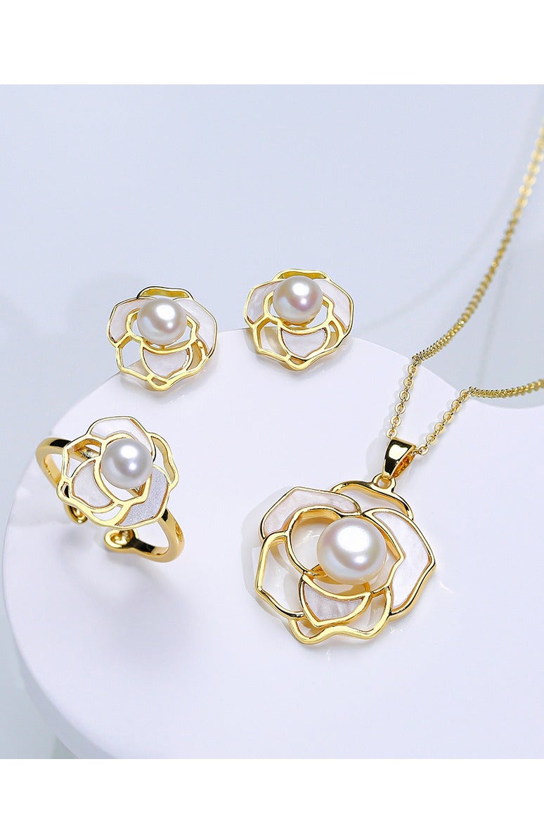 Innoshine Elegant French Camellia Flower Pearl Earring Necklace and Ring Jewelry Set for Fashion Women – Light Luxury Necklace, Earrings & Ring Trio, Dainty Layering Collarbone Chain, Vintage-inspired Floral Accessories - Image 1