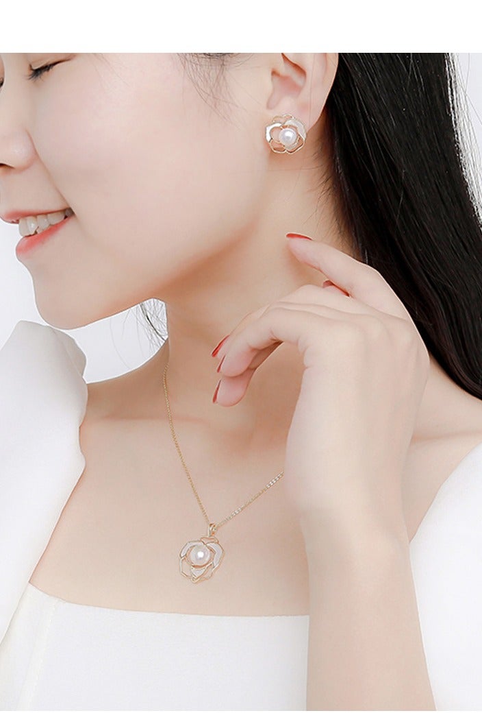 Innoshine Elegant French Camellia Flower Pearl Earring Necklace and Ring Jewelry Set for Fashion Women – Light Luxury Necklace, Earrings & Ring Trio, Dainty Layering Collarbone Chain, Vintage-inspired Floral Accessories - Image 2