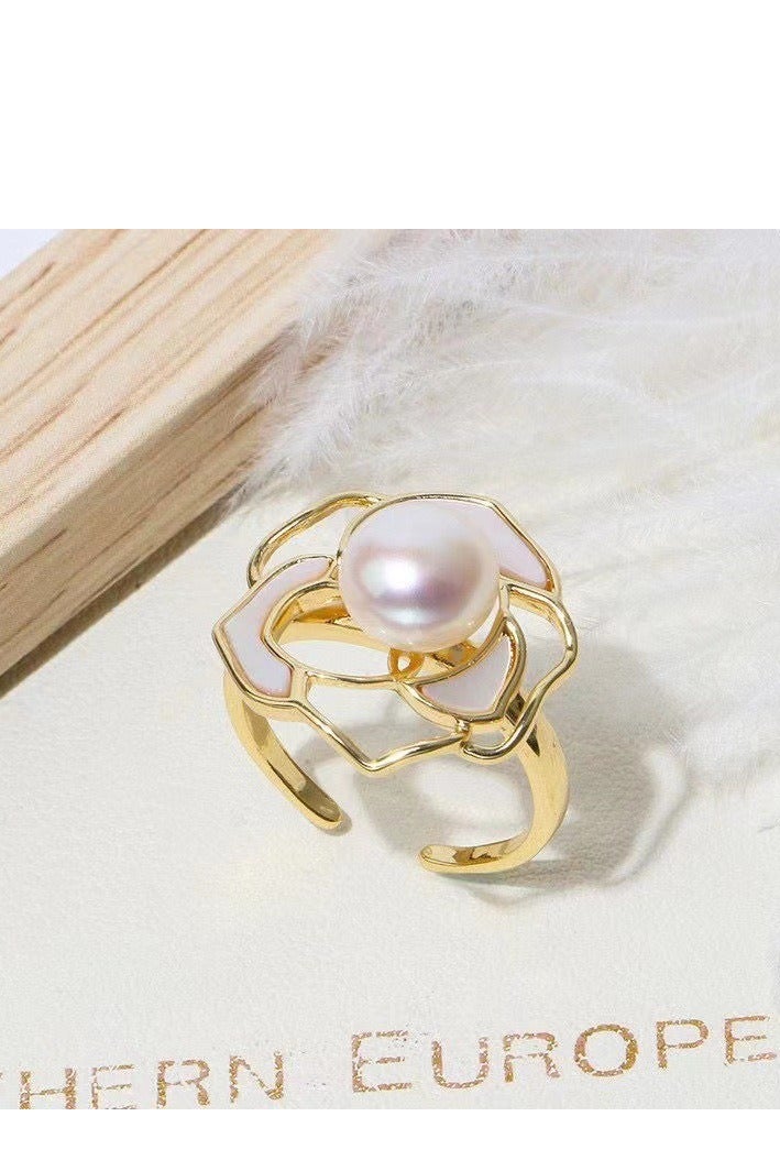 Innoshine Elegant French Camellia Flower Pearl Earring Necklace and Ring Jewelry Set for Fashion Women – Light Luxury Necklace, Earrings & Ring Trio, Dainty Layering Collarbone Chain, Vintage-inspired Floral Accessories - Image 4