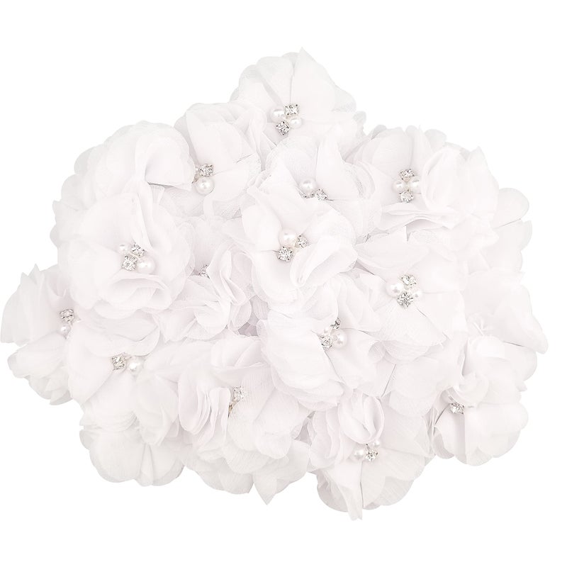 DonLeeving 30 PCS Rhinestone Pearl White Chiffon Flower Sewing Fabric Appliques for Clothing Headbands Flower Crafts Party Decoration Sewing Applique