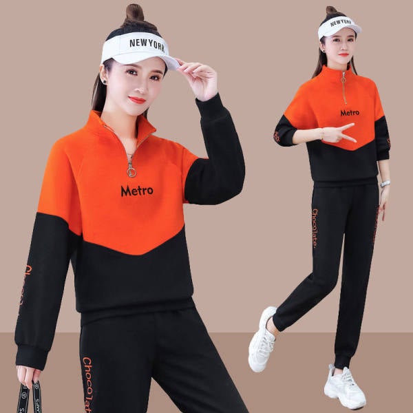 Casual Sportswear Suit Womens 2021 Spring and Autumn New Slimming Age-reducing Elegant Fashionable Street-blowing Sweatshirt Two-piece Set Rose Red