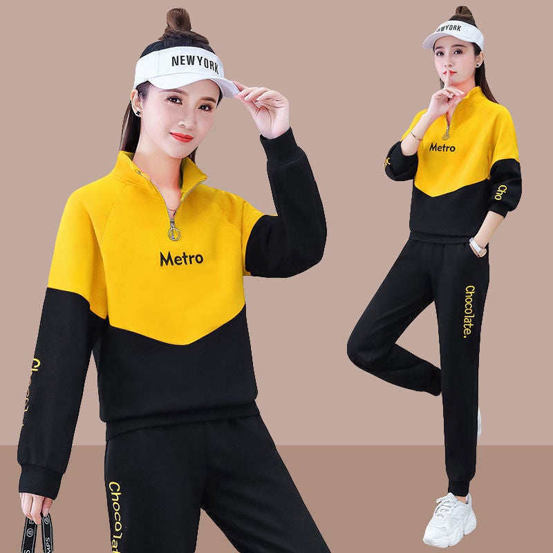 Casual Sportswear Suit Womens 2021 Spring and Autumn New Slimming Age-reducing Elegant Fashionable Street-blowing Sweatshirt Two-piece Set Rose Red