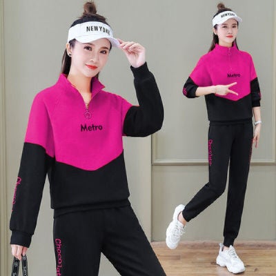Casual Sportswear Suit Womens 2021 Spring and Autumn New Slimming Age-reducing Elegant Fashionable Street-blowing Sweatshirt Two-piece Set Rose Red