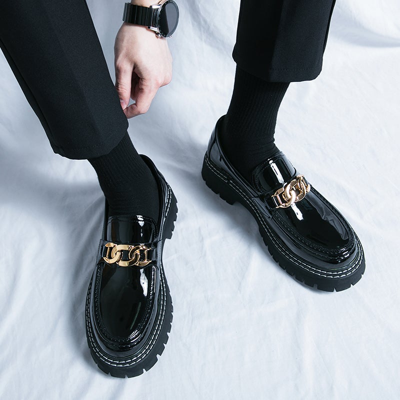 Men''s Leather Shoes, British Style, Thick-Soled, Trendy, Glossy, Slip-On Casual Loafers - Image 5