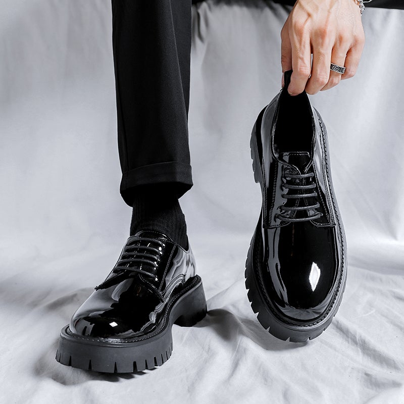 Men''s Leather Shoes, British Style, Thick-Soled, Trendy, Glossy, Slip-On Casual Loafers - Image 1