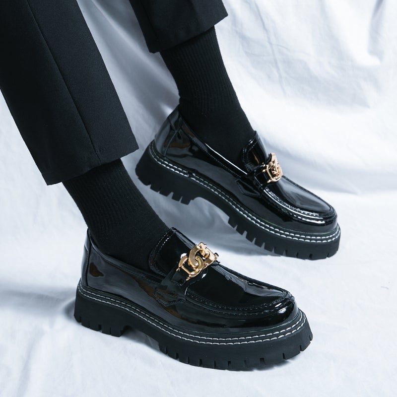 Men''s Leather Shoes, British Style, Thick-Soled, Trendy, Glossy, Slip-On Casual Loafers - Image 4