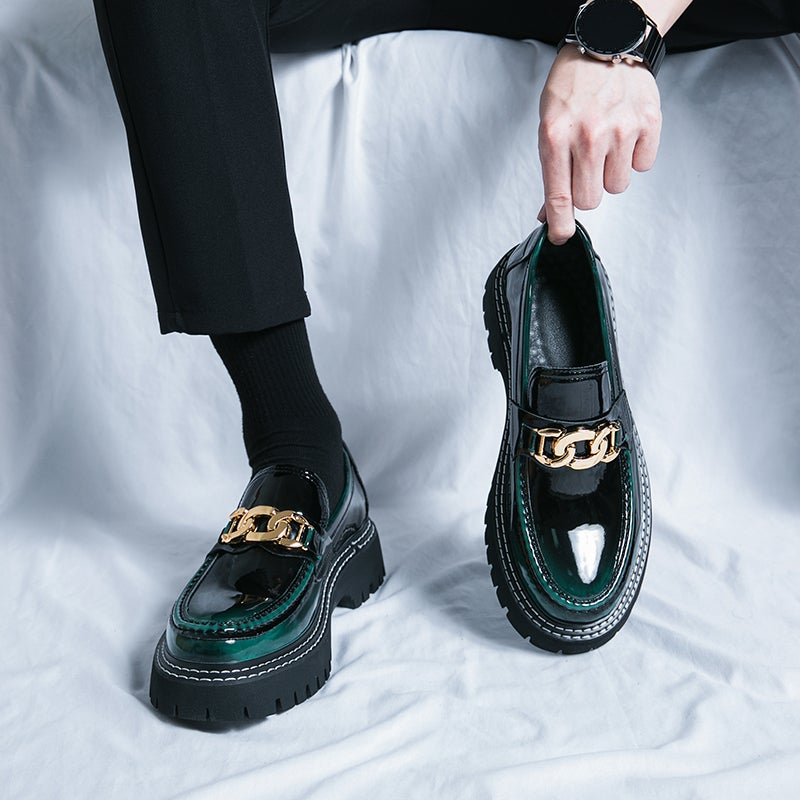Men''s Leather Shoes, British Style, Thick-Soled, Trendy, Glossy, Slip-On Casual Loafers - Image 3