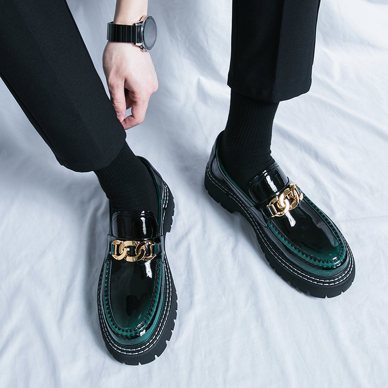 Men''s Leather Shoes, British Style, Thick-Soled, Trendy, Glossy, Slip-On Casual Loafers - Image 2