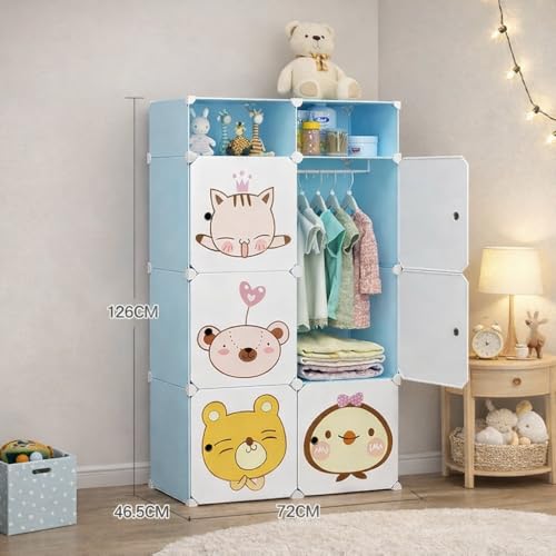 HEMOVIA Collapsible Wardrobe for Clothes - DIY 6 Door Plastic Almirah for Clothes with Doors | Side Hanger,Folding Waterproof Memory Standing Wardrobe for Storage for Home Clothes (Blue, 6+2-Door) - Image 3