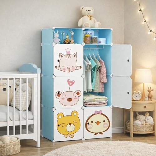 HEMOVIA Collapsible Wardrobe for Clothes - DIY 6 Door Plastic Almirah for Clothes with Doors | Side Hanger,Folding Waterproof Memory Standing Wardrobe for Storage for Home Clothes (Blue, 6+2-Door) - Image 1